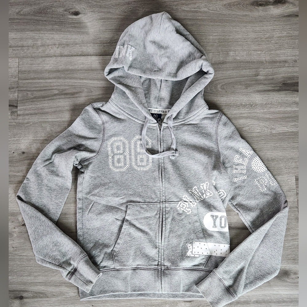 Y2k 2000 PINK Victoria's Secret Full Zip Bling Hoodie Women's M Grey